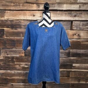 Vintage 100% Cotton Western Boho Sz L Short-Sleeve Studded Denim Blouse